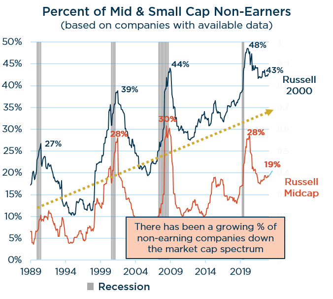 Percent of mid & small cap non-earners based on companies with available data.